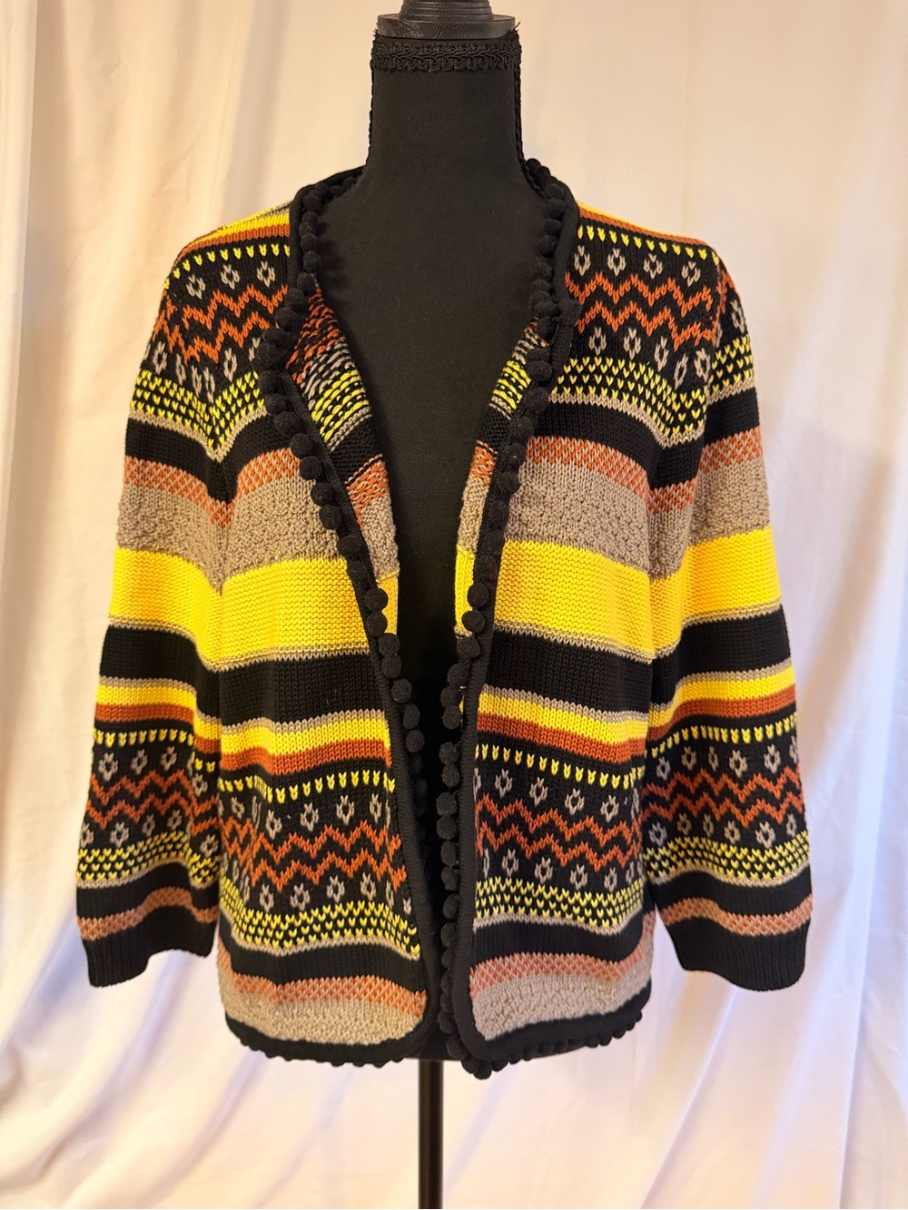Together Med Boho Cardigan Sweater in Yellow & Black PomPom Tasseled